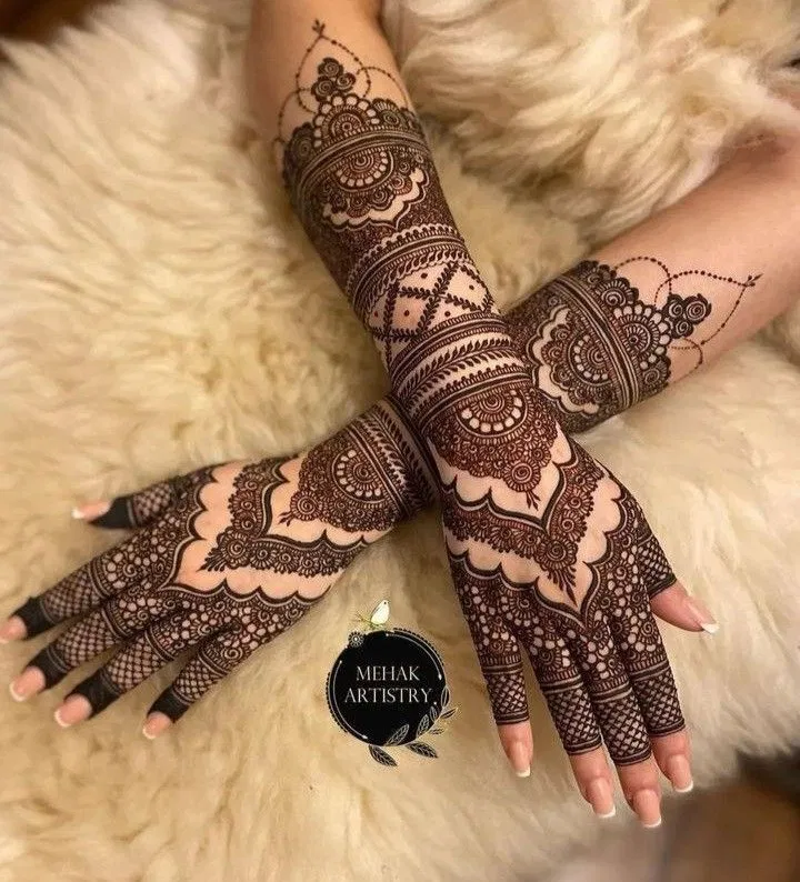 Bridal Stylish Arm Mehndi Design with Figures, Hearts and Jaal for Engagement