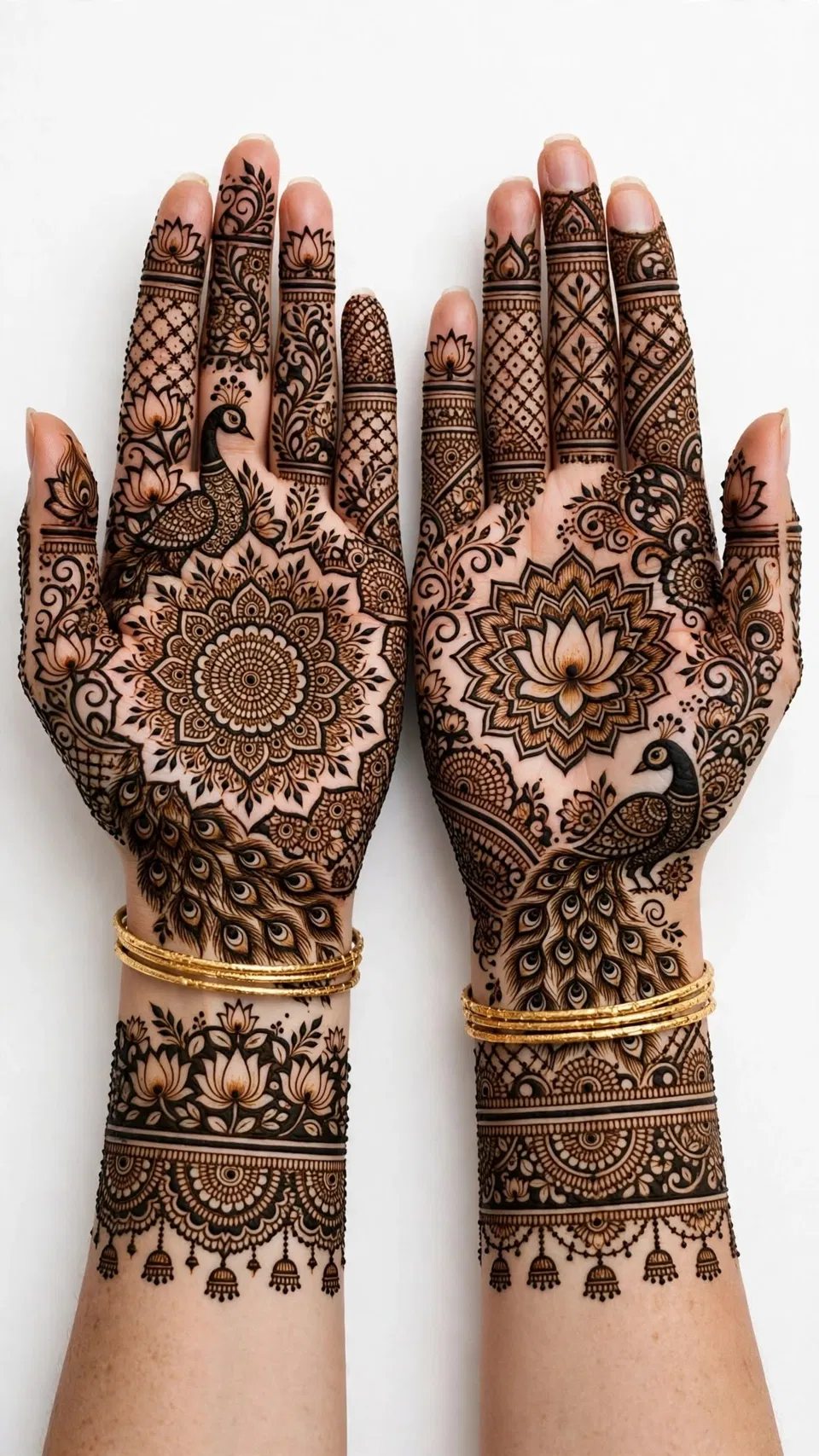 Bridal Royal Front Hand Mehndi Design with Gol Tikki and Lotus