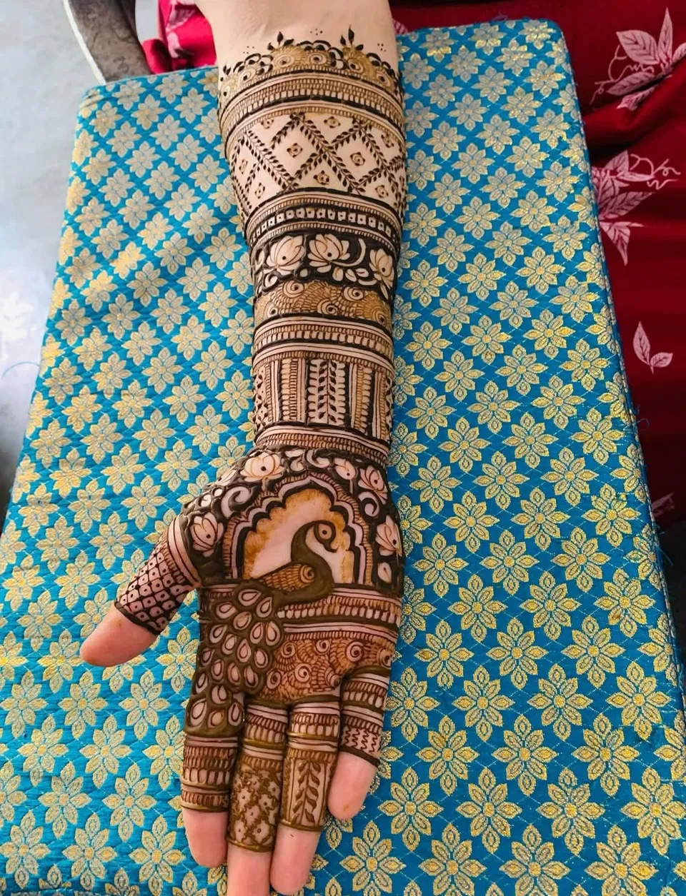 Bridal Royal Front Hand Mehndi Design with Gol Tikki, Figures and Peacock (2)