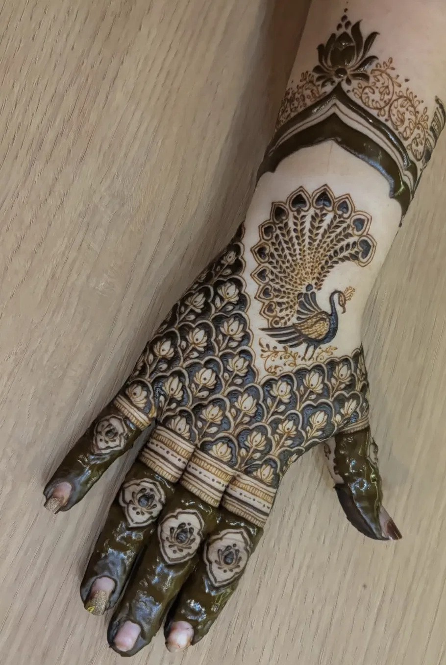 Bridal Royal Full Hand Mehndi Design with Flowers and Peacock (3)