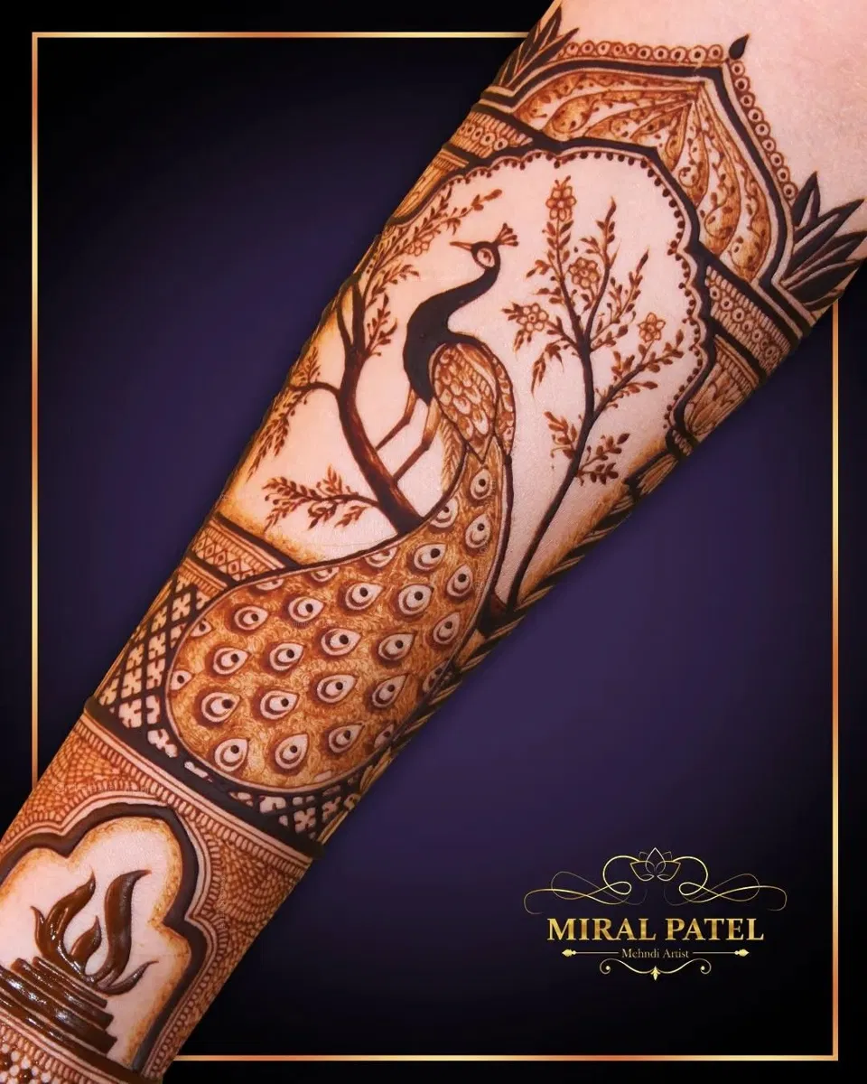 Royal Stylish Arm Mehndi Design with Figures and Lotus