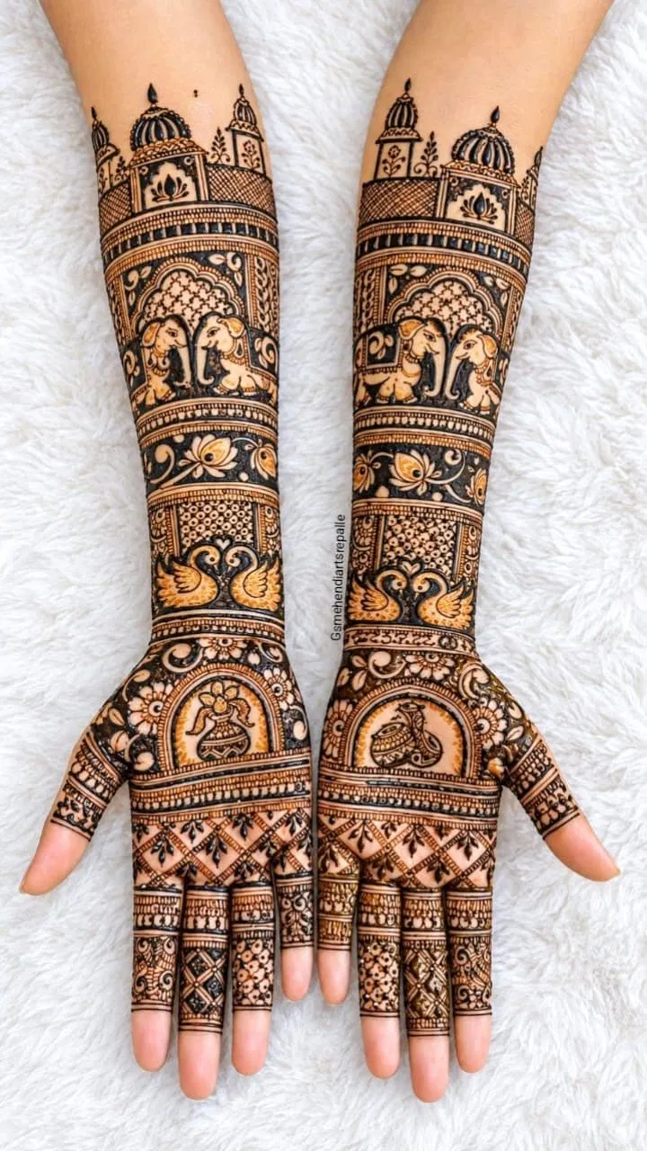 Bridal Indian Front Hand Mehndi Design with Figures and Peacock (13)