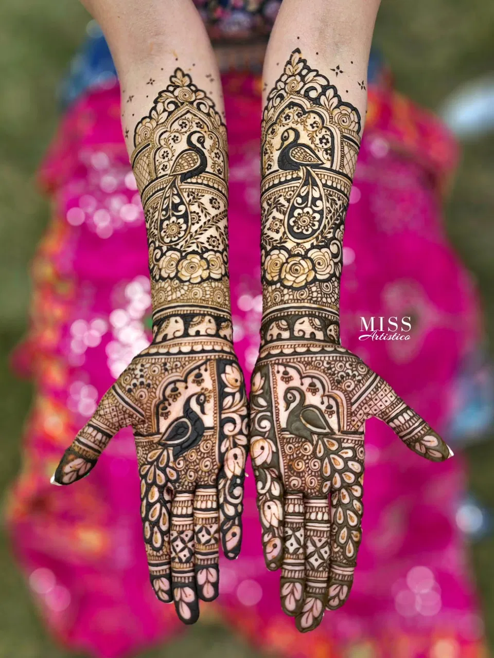 Bridal Royal Full Hand Mehndi Design with Figures, Hearts and Peacock for Engagement