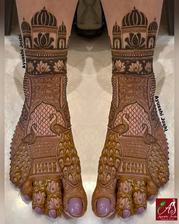 Bridal Indian Back Hand Mehndi Design with Figures, Hearts and Peacock for Engagement