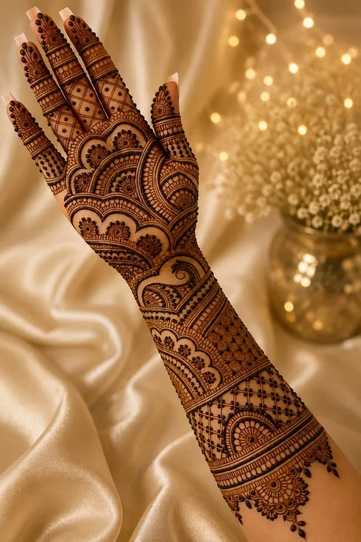 Arabic Bridal Front Hand Mehndi Design with Gol Tikki, Figures and Flowers (3)