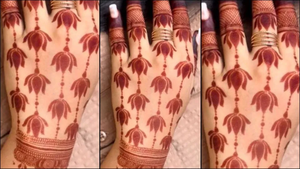 Simple Stylish Back Hand Mehndi Design with Lotus for Karwa Chauth
