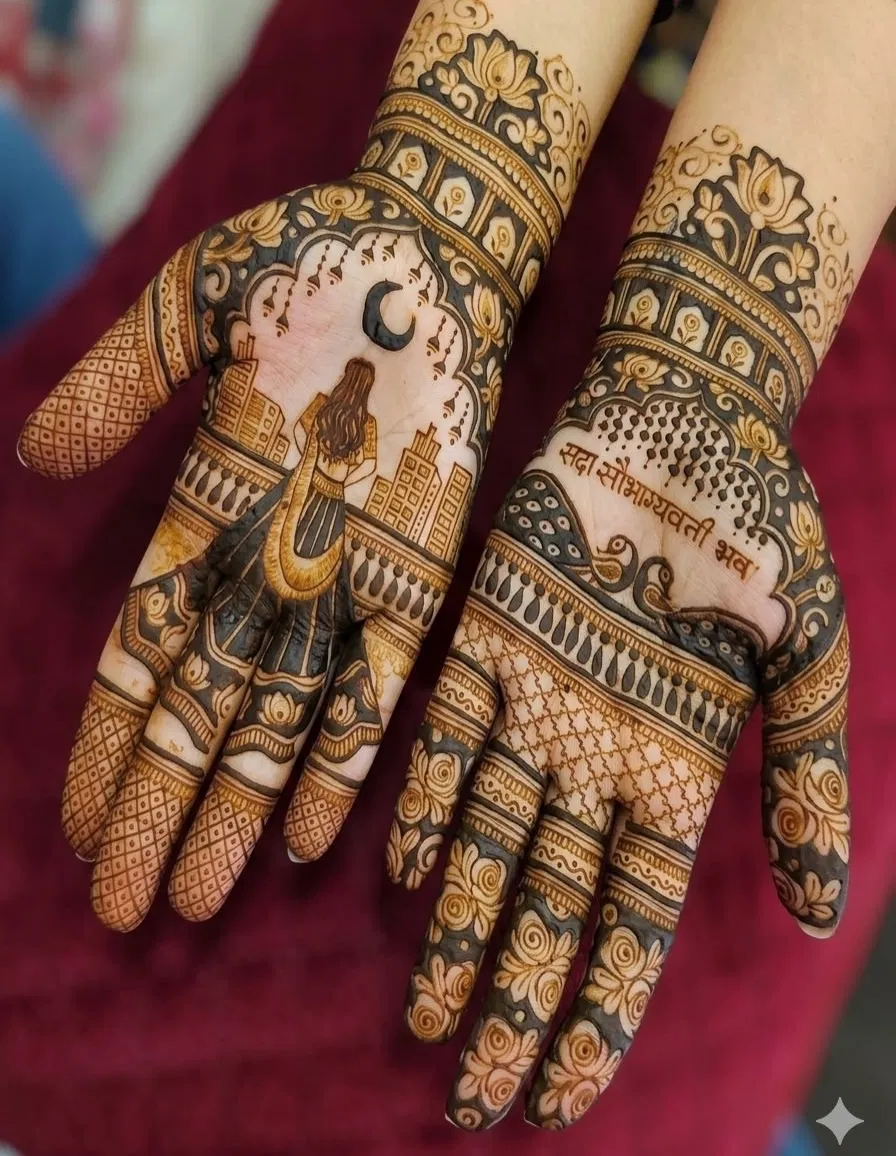 Back Hand Mehndi Design with Figures and Moon