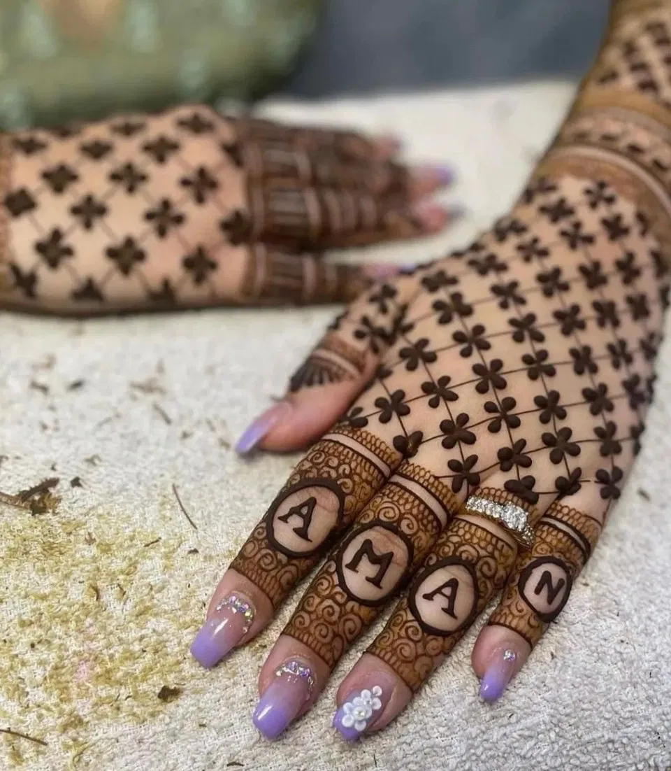 Simple Stylish Back Hand Mehndi Design with Flowers and Hidden Name for Baby Shower (4)