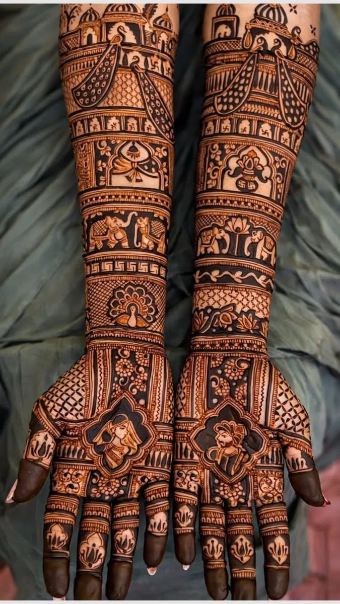 Bridal Stylish Back Hand Mehndi Design with Figures and Peacock