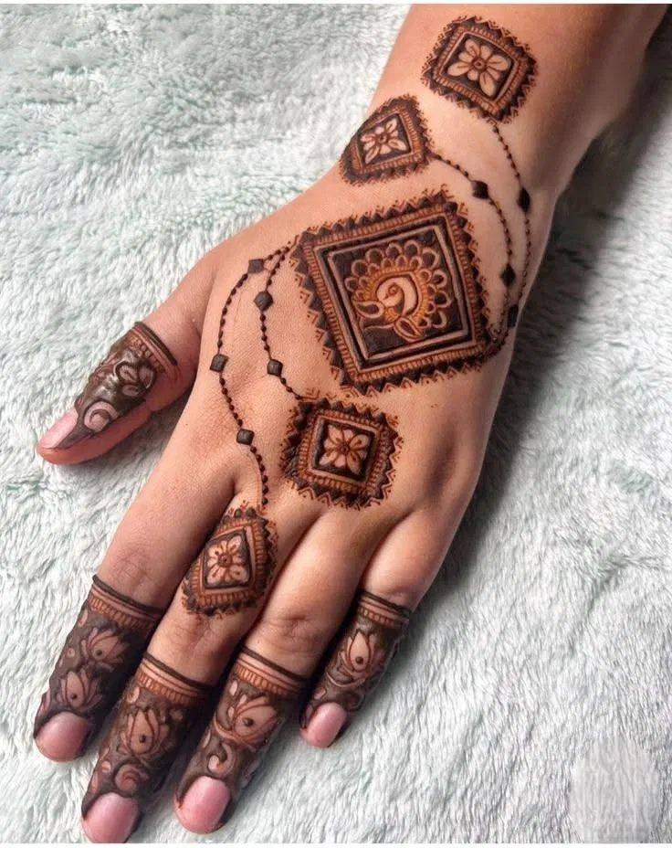 Simple Stylish Back Hand Mehndi Design with Peacock for Raksha Bandhan