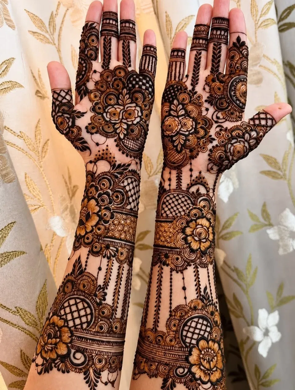 Bridal Stylish Full Hand Mehndi Design with Flowers and Jaal