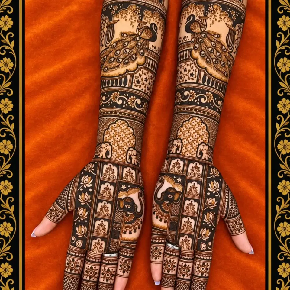 Simple Full Hand Mehndi Design with Figures, Jaal and Peacock