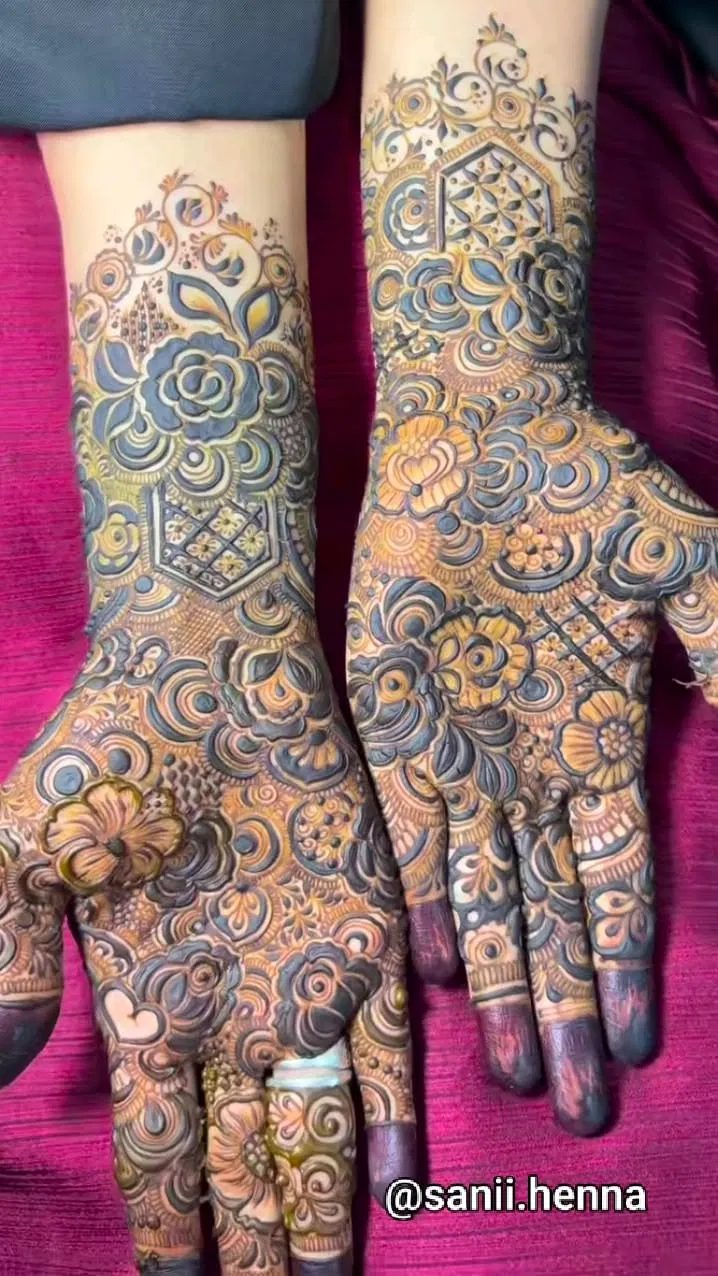 Bridal Arm Mehndi Design with Gol Tikki and Jaal