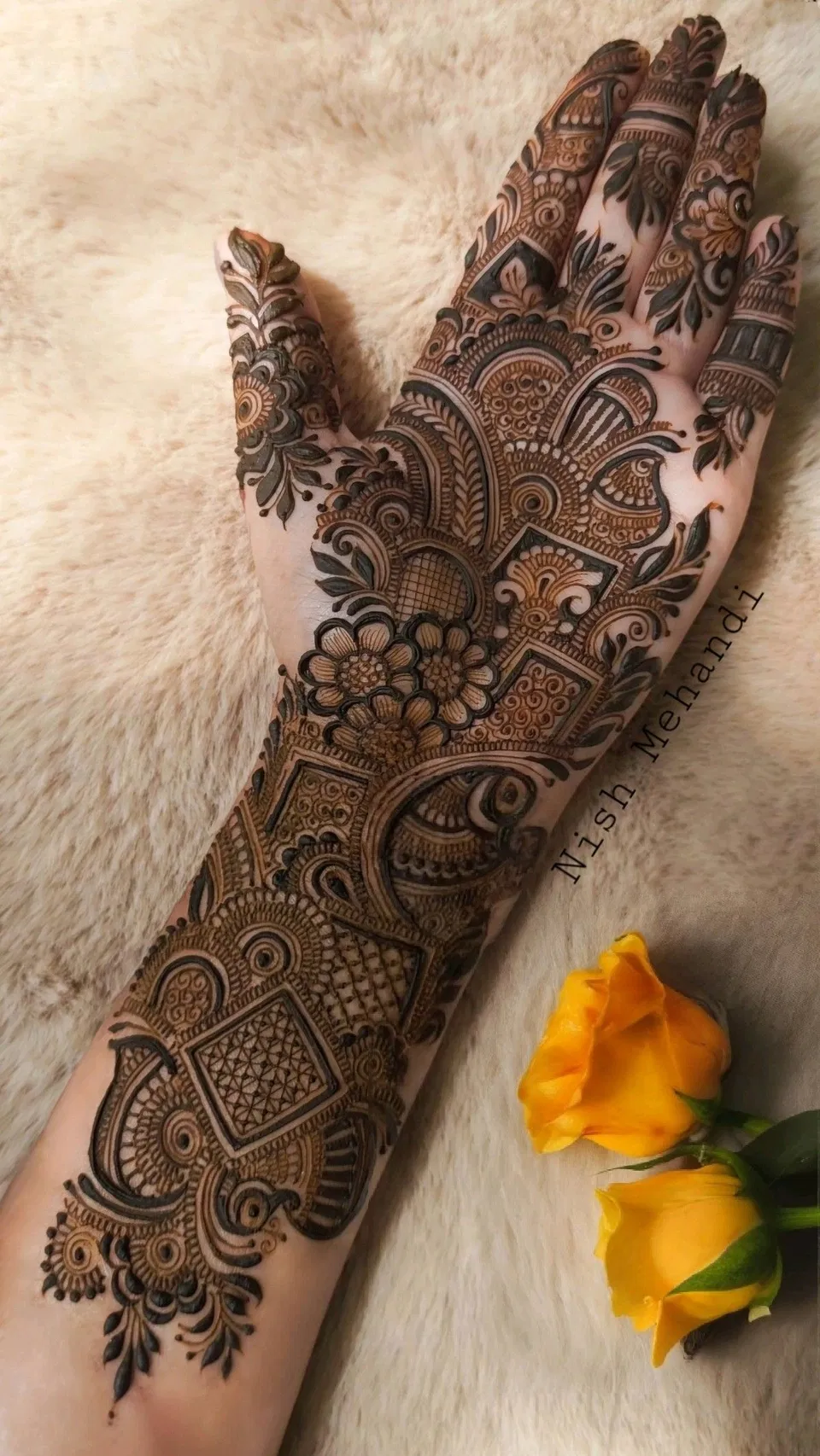 Bridal Dubai Back Hand Mehndi Design with Gol Tikki, Flowers and Jaal for Engagement