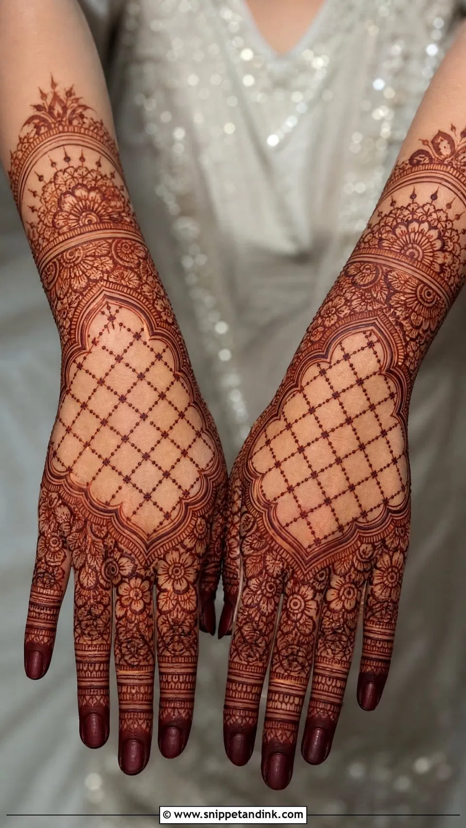 Bridal Back Hand Mehndi Design with Hearts and Jaal