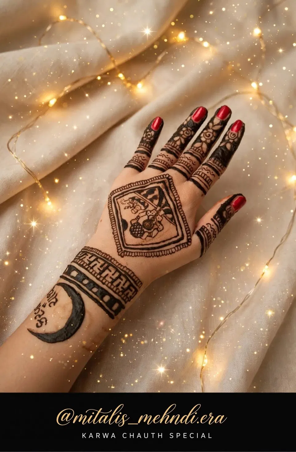 Back Hand Mehndi Design with Gol Tikki and Moon for Karwa Chauth