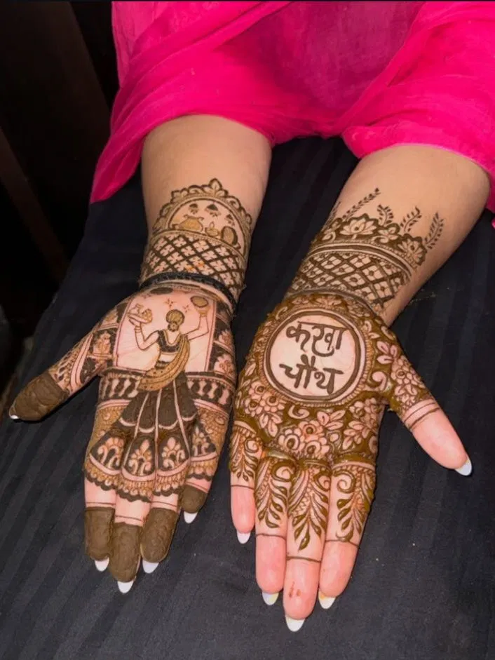 Back Hand Mehndi Design with Gol Tikki and Figures for Karwa Chauth