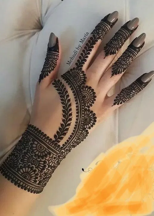 Aesthetic Bridal Back Hand Mehndi Design with Gol Tikki, Flowers and Jaal for Diwali (18)