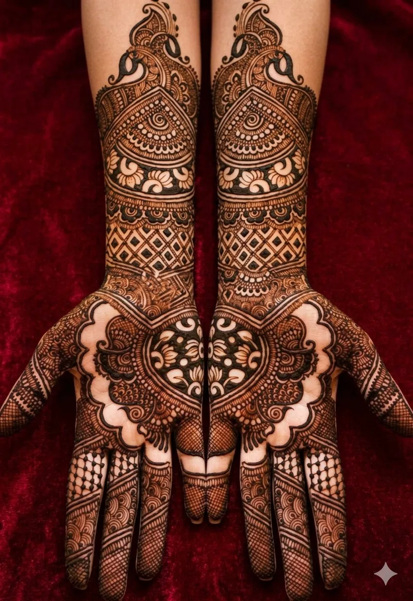 Bridal Full Hand Mehndi Design with Hearts and Jaal