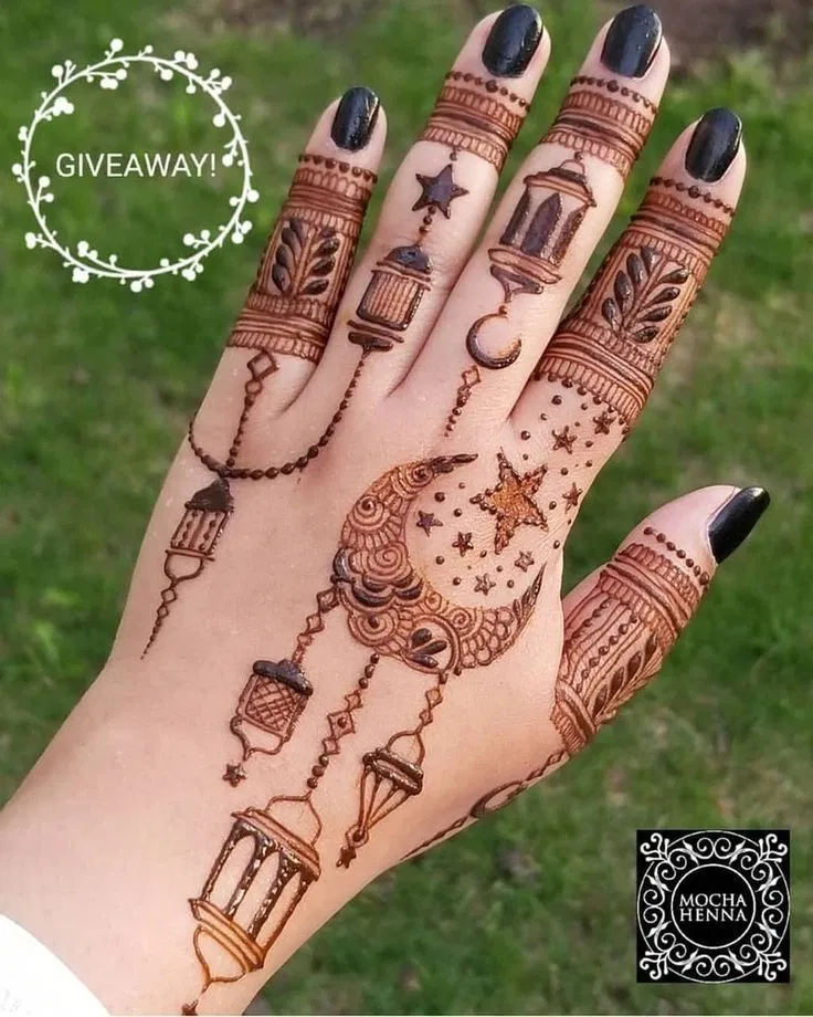 Simple Back Hand Mehndi Design with Moon for Eid (10)