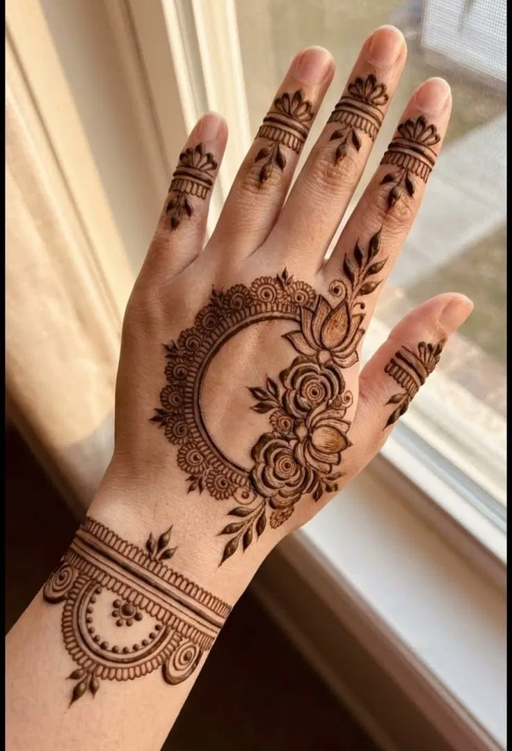 Arabic Simple Finger Mehndi Design with Gol Tikki, Flowers and Moon for Engagement (4)