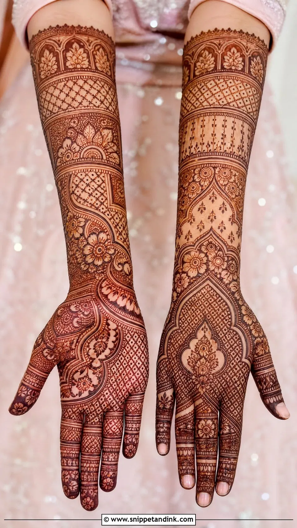 Arabic Bridal Arm Mehndi Design with Figures and Hearts for Engagement