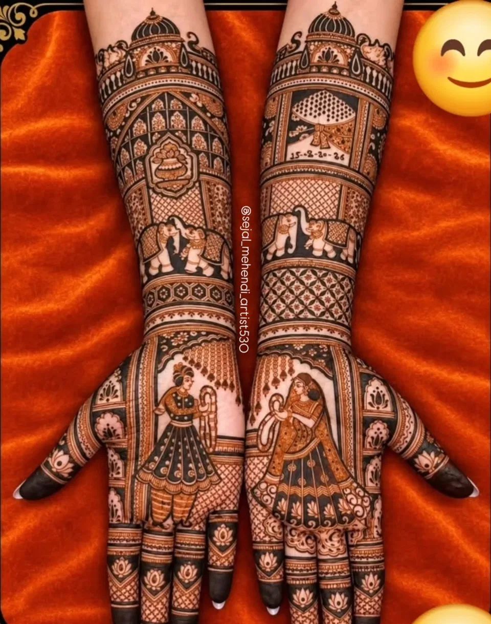 Aesthetic Bridal Full Hand Mehndi Design with Figures (3)