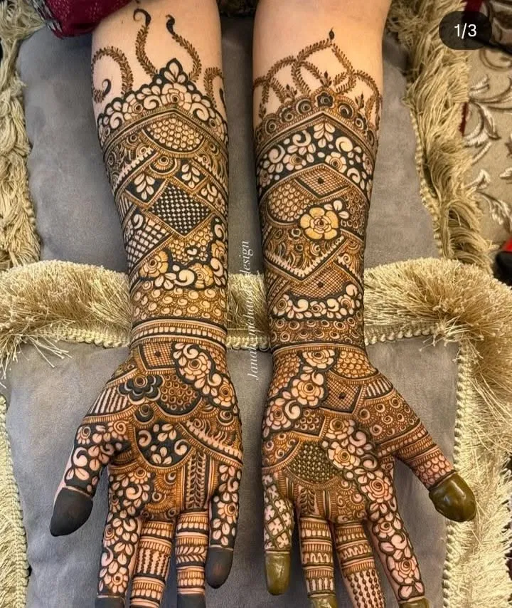 Bridal Finger Mehndi Design with Figures and Flowers