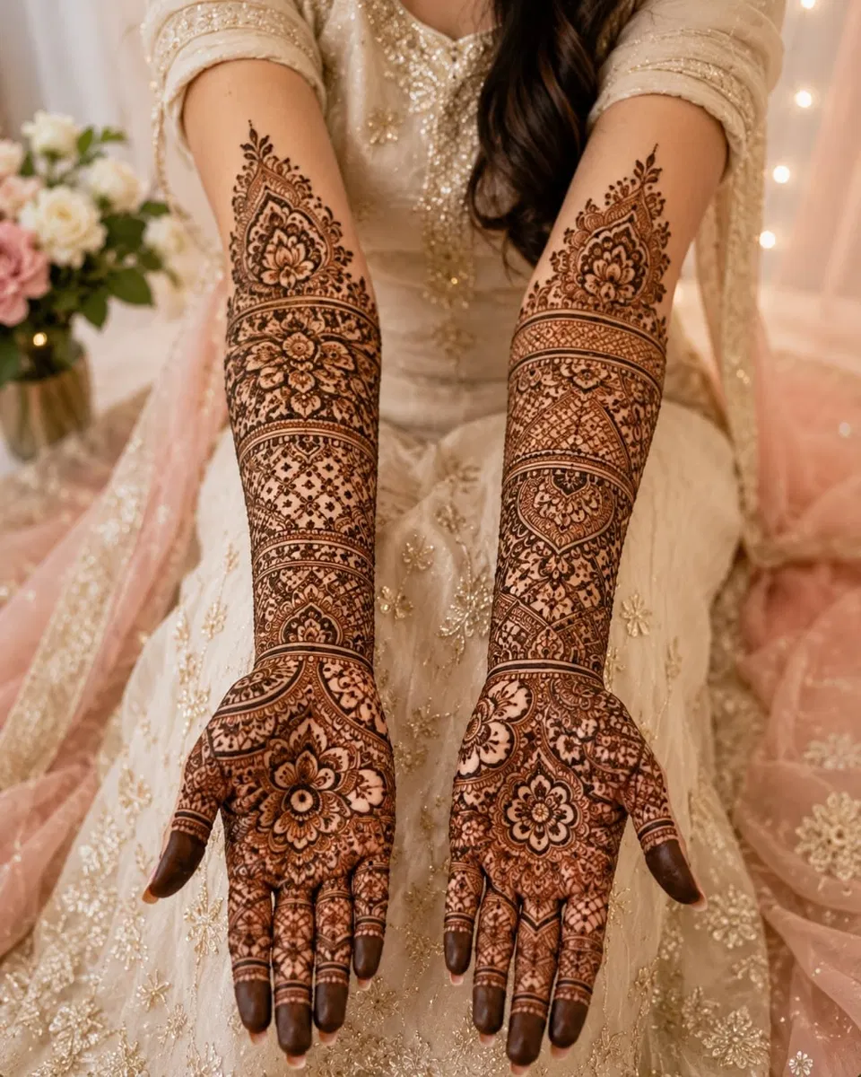 Bridal Royal Arm Mehndi Design with Figures for Eid