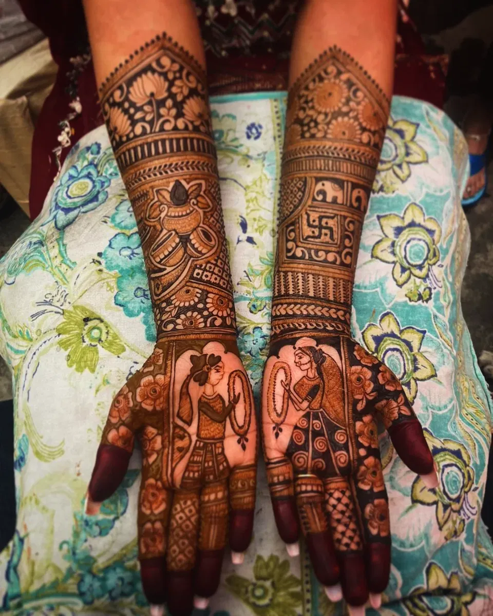 Aesthetic Bridal Full Hand Mehndi Design with Figures (4)