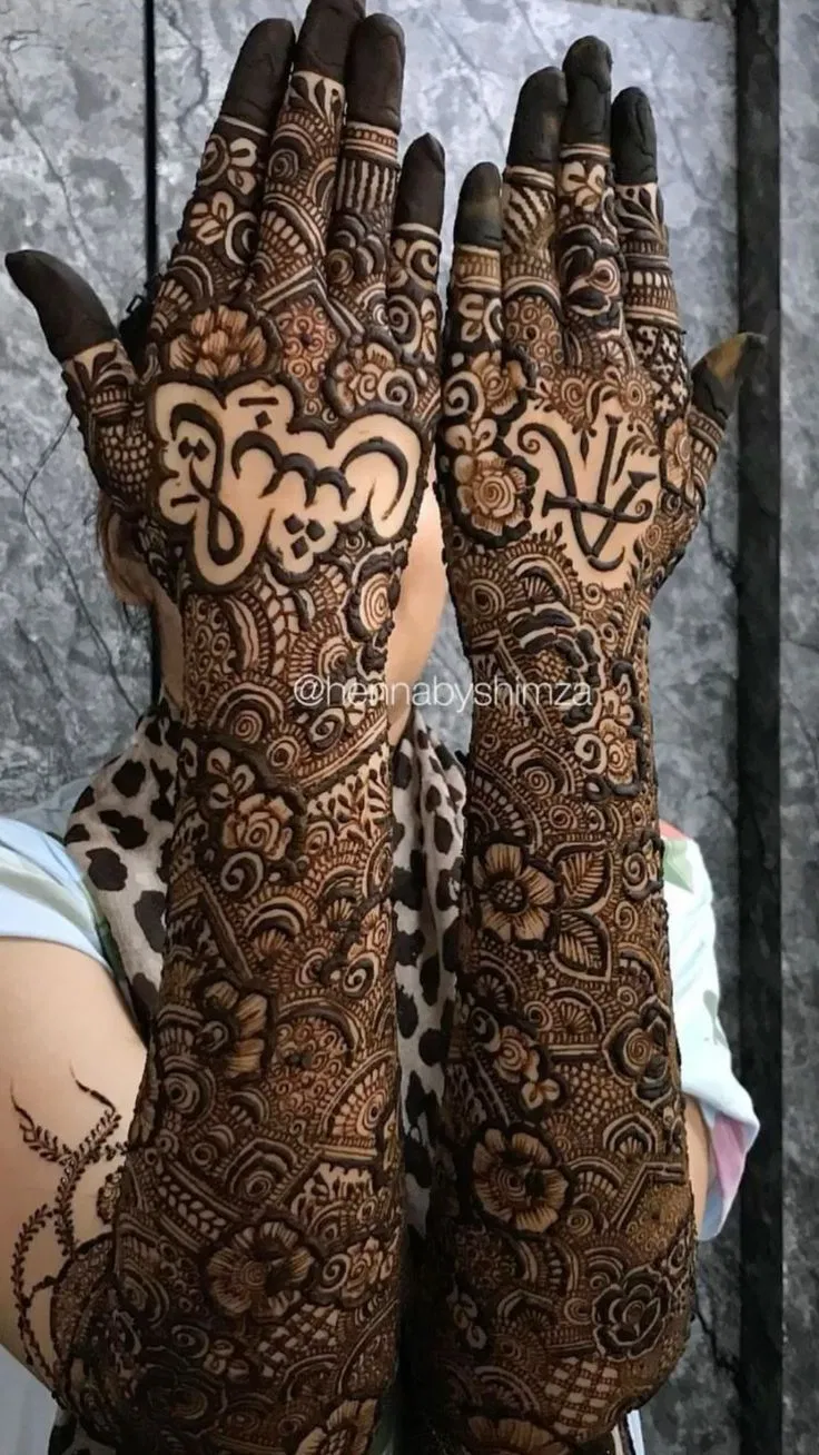 Bridal Stylish Back Hand Mehndi Design with Deity, Figures and Hidden Name for Engagement