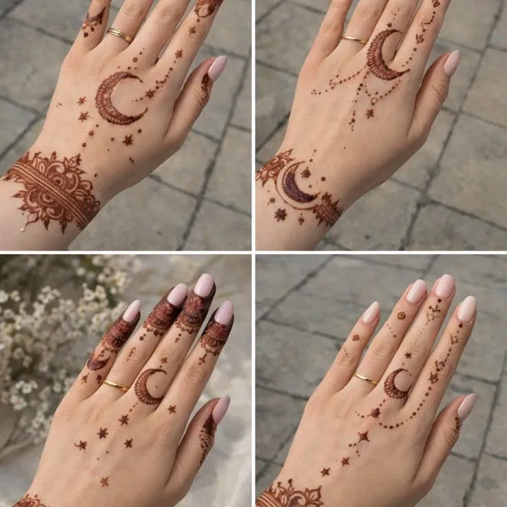 Aesthetic Simple Back Hand Mehndi Design with Flowers and Moon