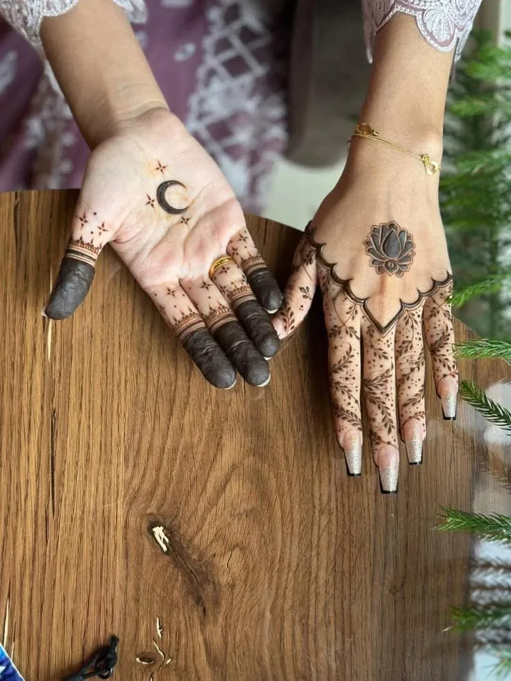 Simple Stylish Back Hand Mehndi Design with Moon for Engagement