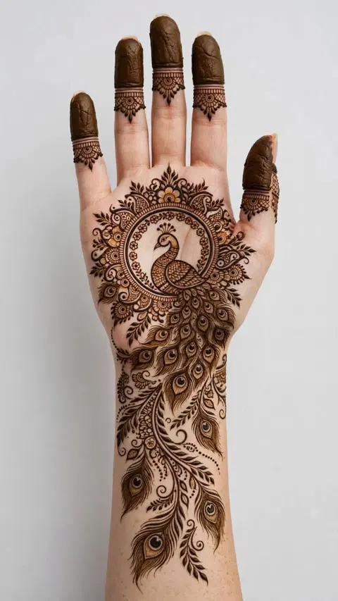 aesthetic bridal peacock back hand mehndi design