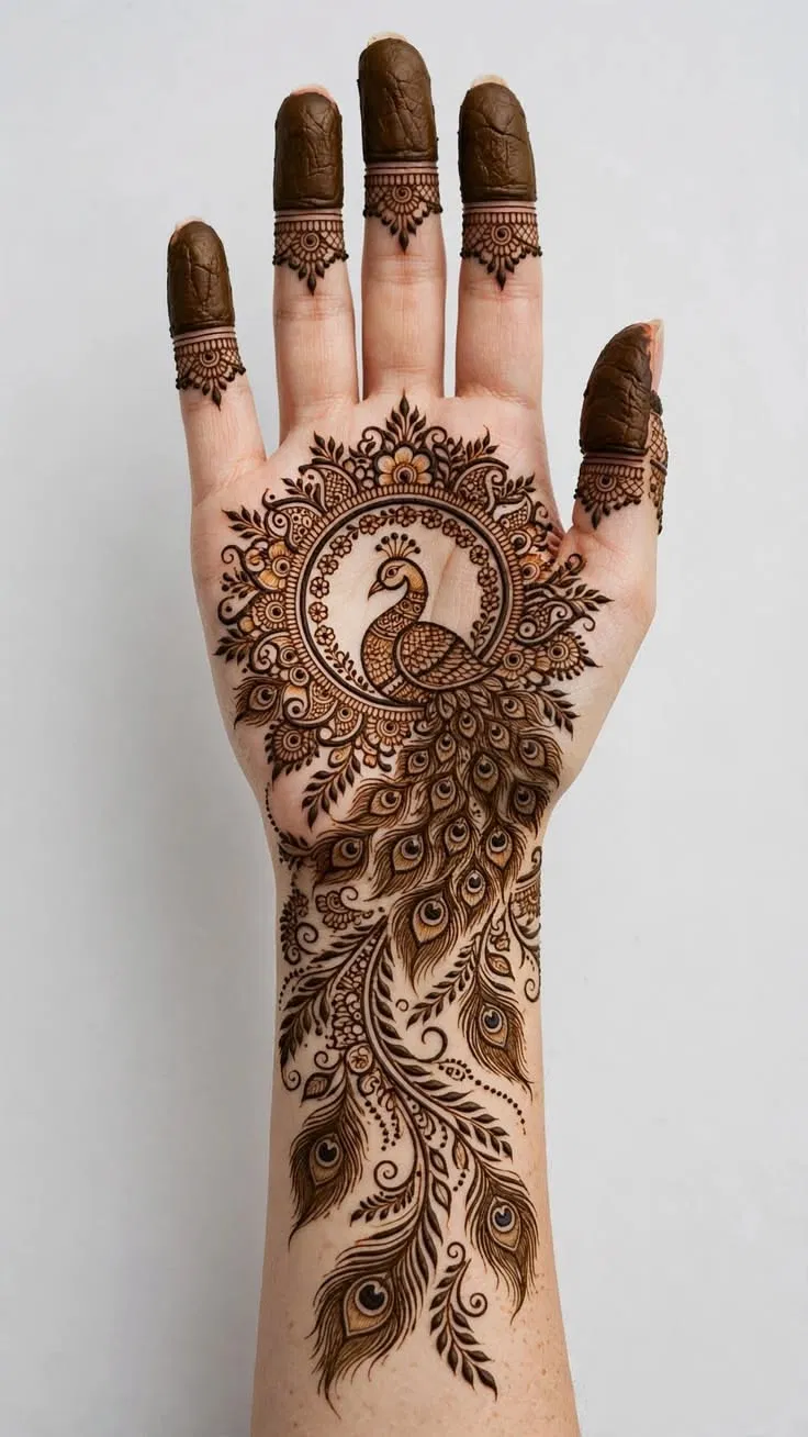 Aesthetic Bridal Back Hand Mehndi Design with Peacock (4)