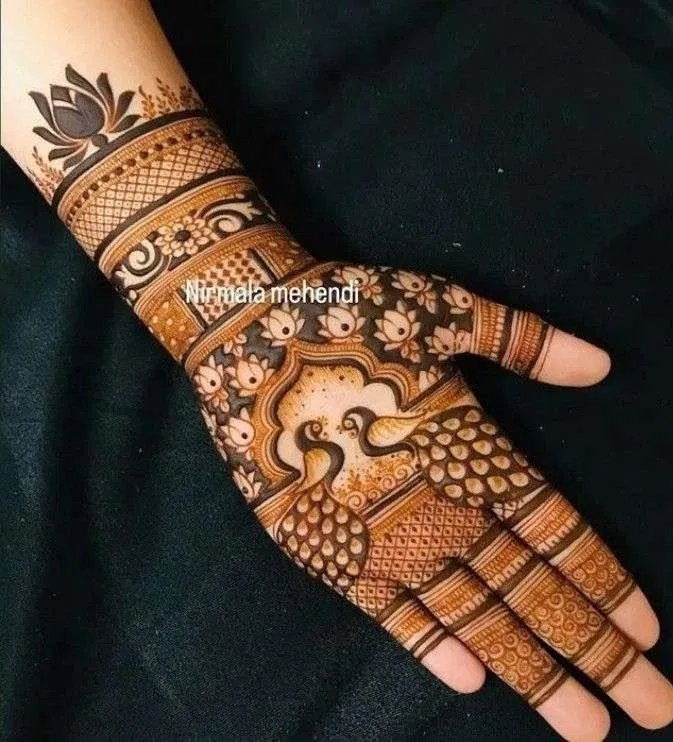 Stylish Front Hand Mehndi Design with Lotus and Peacock