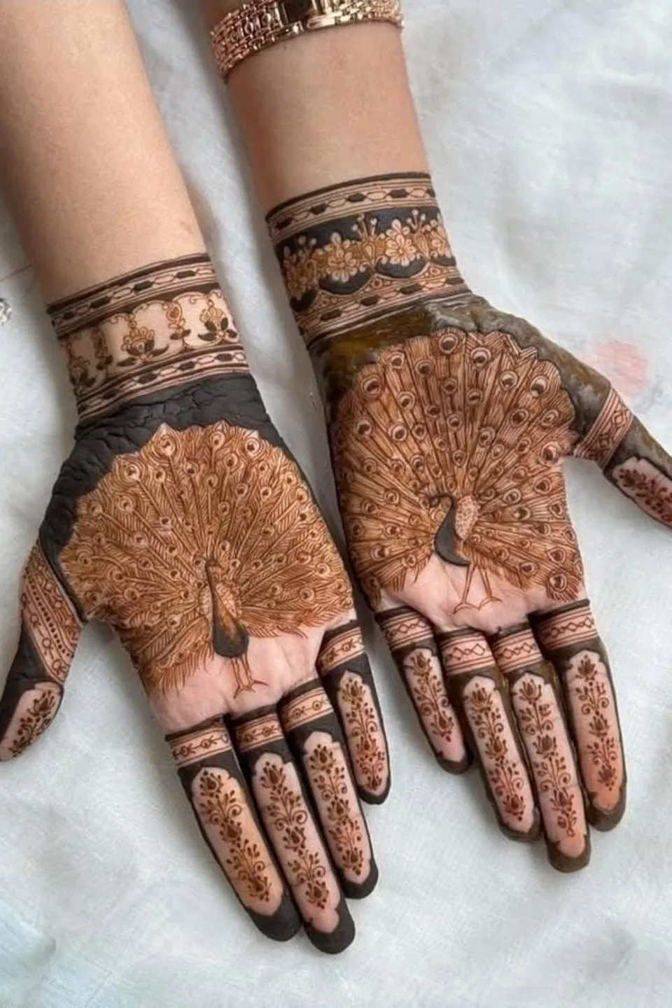 Bridal Dubai Front Hand Mehndi Design with Figures and Peacock