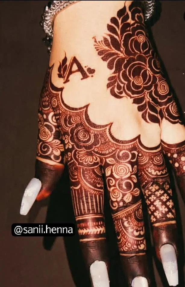 Aesthetic Arabic Back Hand Mehndi Design with Flowers and Hidden Name (3)