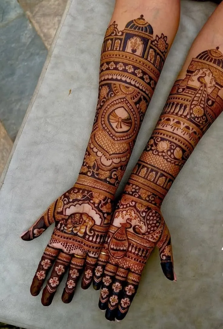 Bridal Indian Full Hand Mehndi Design with Figures for Engagement