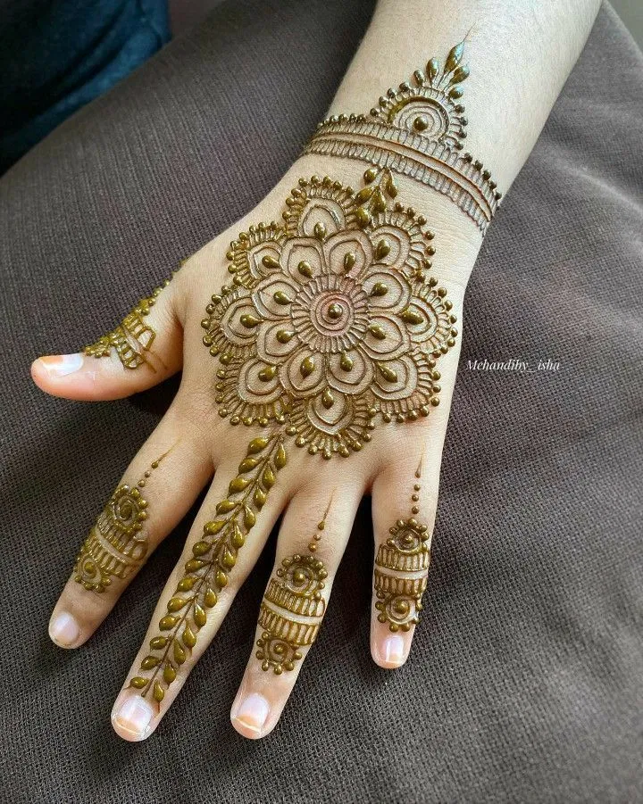 Simple Front Hand Mehndi Design with Gol Tikki and Moon for Diwali