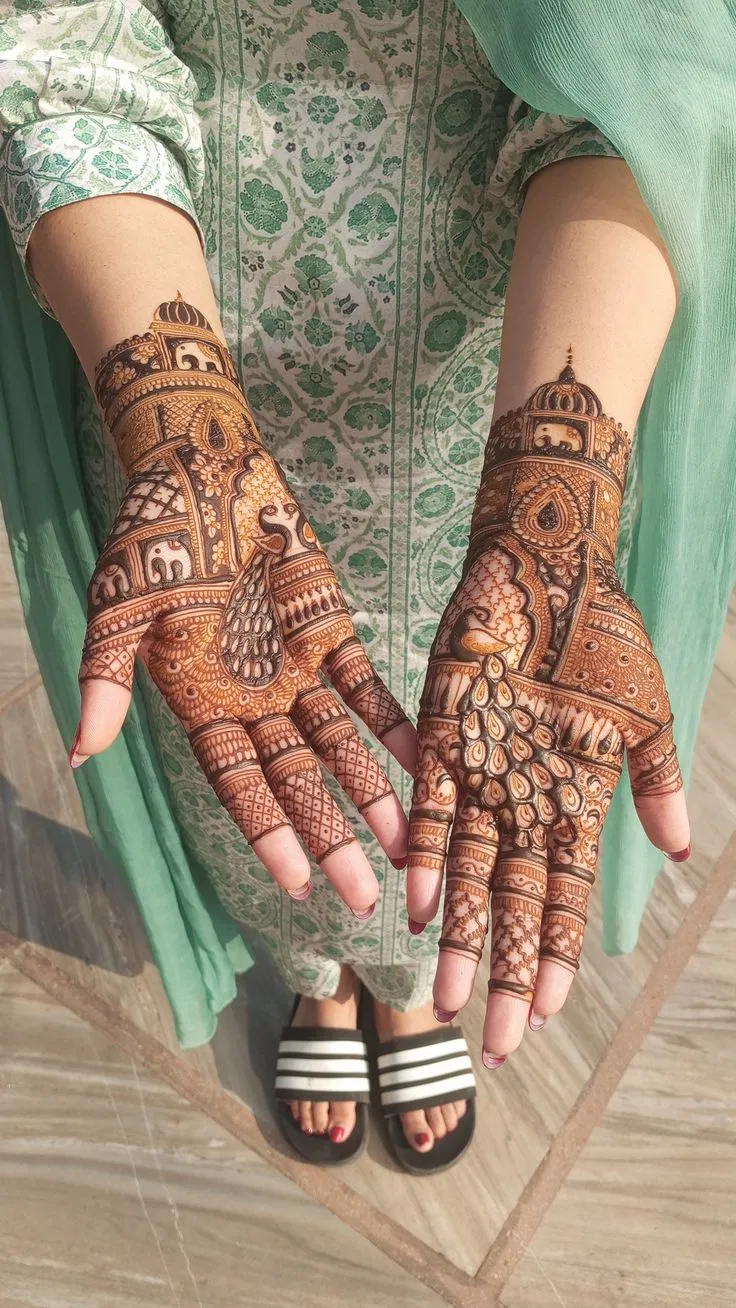 Front Hand Mehndi Design with Peacock for Karwa Chauth