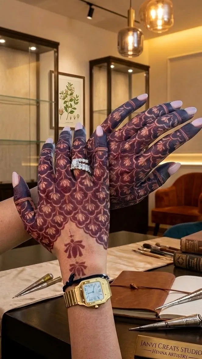 Indian Simple Back Hand Mehndi Design with Jaal and Lotus