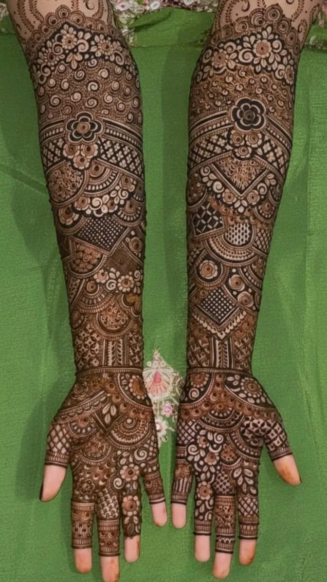 Arabic Bridal Arm Mehndi Design with Figures and Hearts