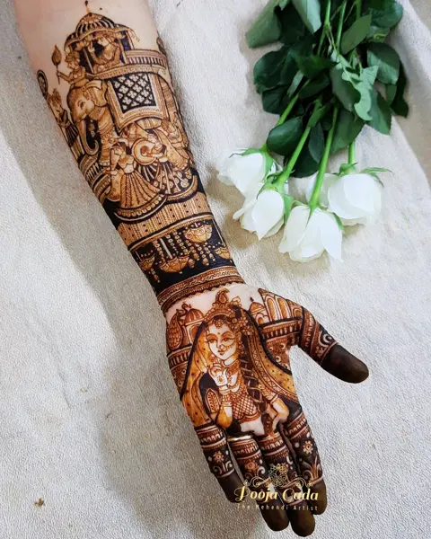aesthetic bridal deity full hand mehndi design