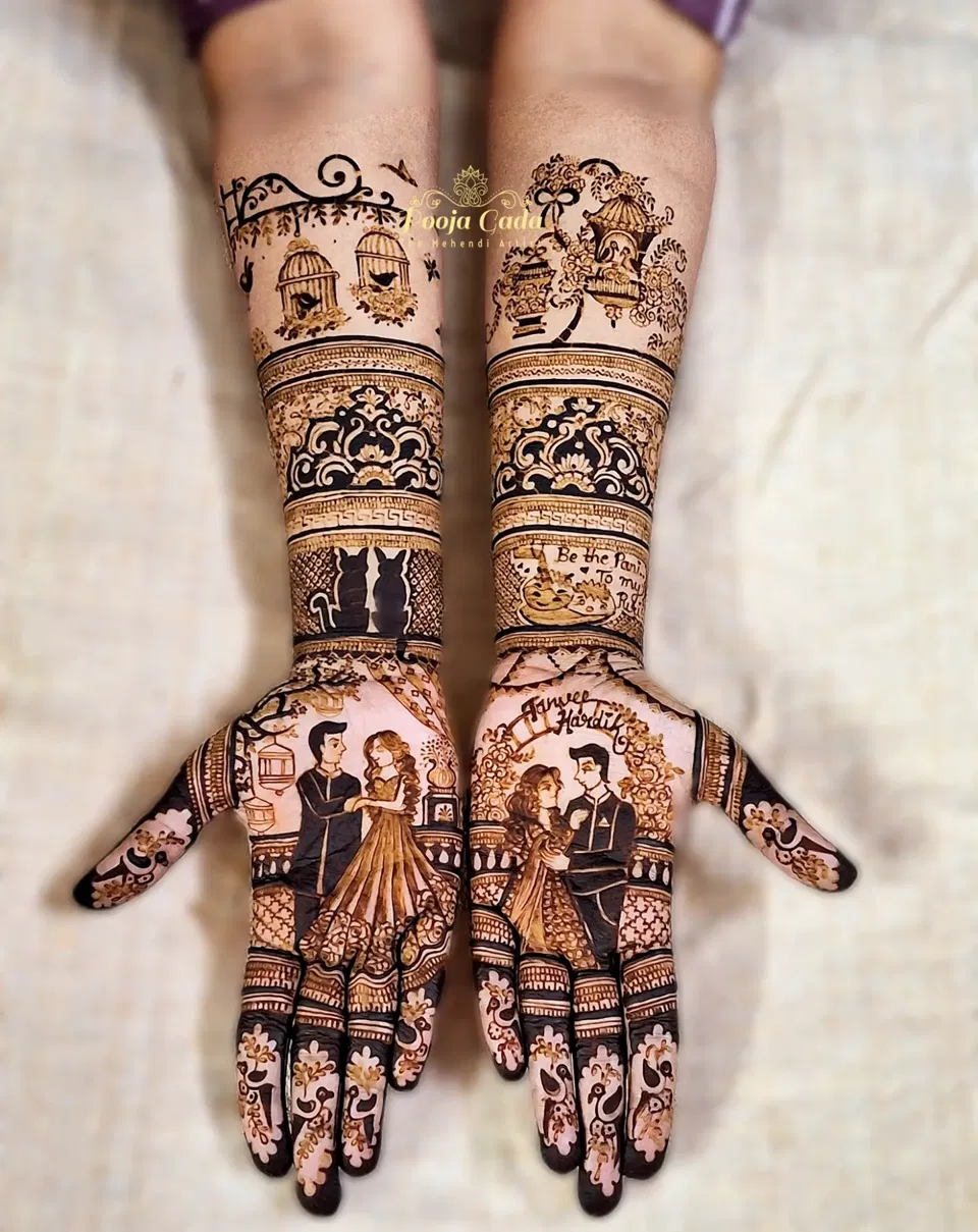Front Hand Mehndi Design with Figures and Hearts