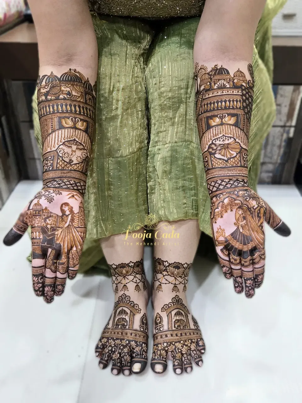 Front Hand Mehndi Design with Figures and Jaal