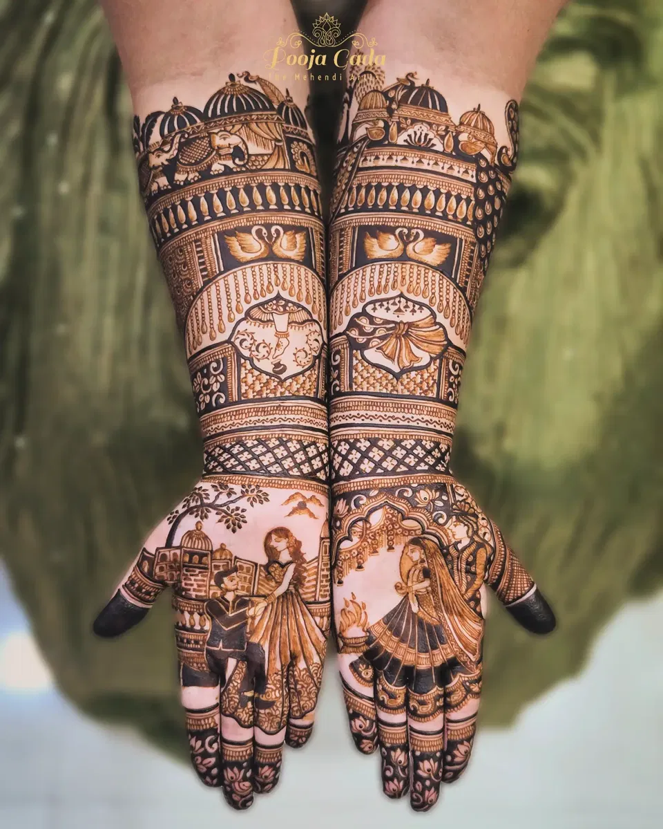 Bridal Full Hand Mehndi Design with Figures and Peacock (6)