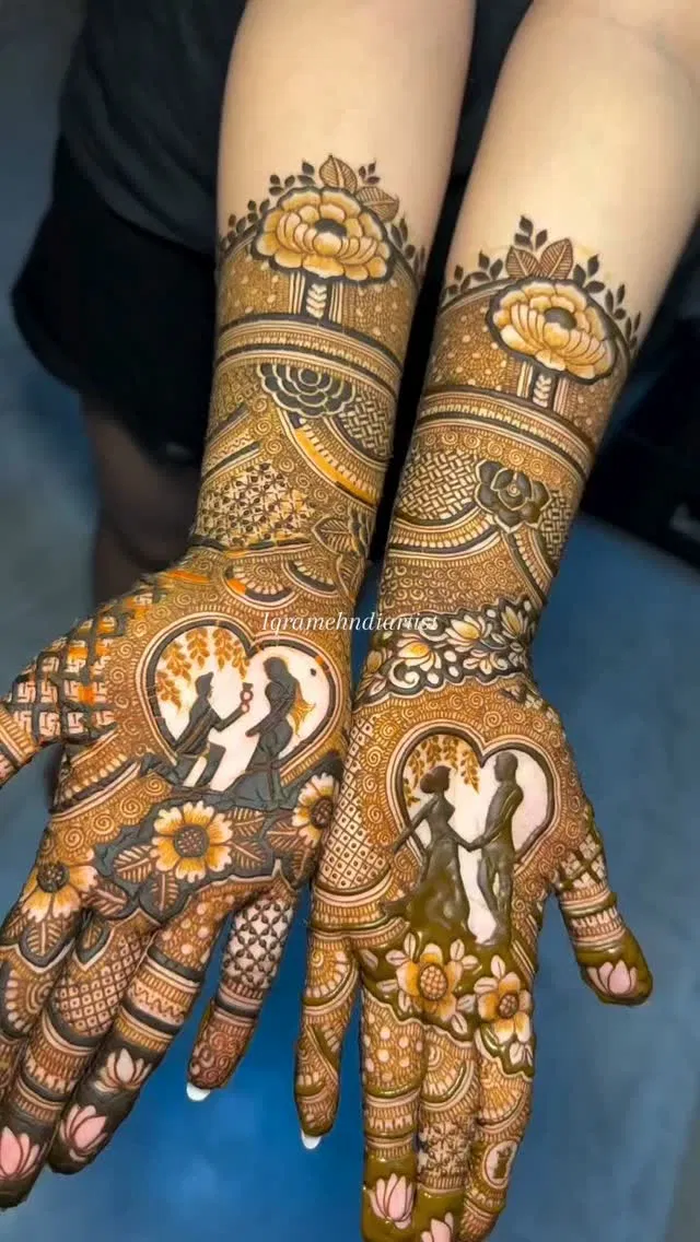 Heavy Arabic Front Hand Mehndi Design with Figures and Hearts