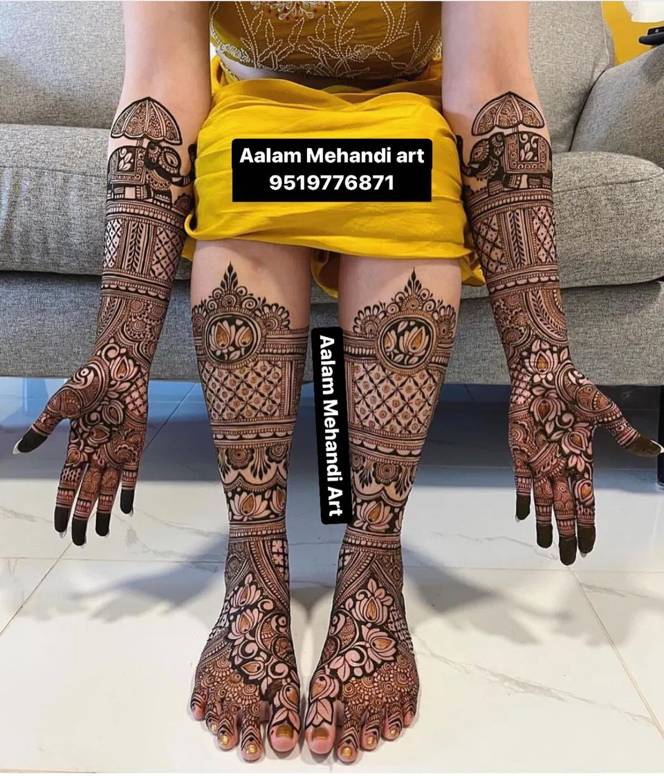 Bridal Full Hand Mehndi Design with Figures, Hearts and Lotus