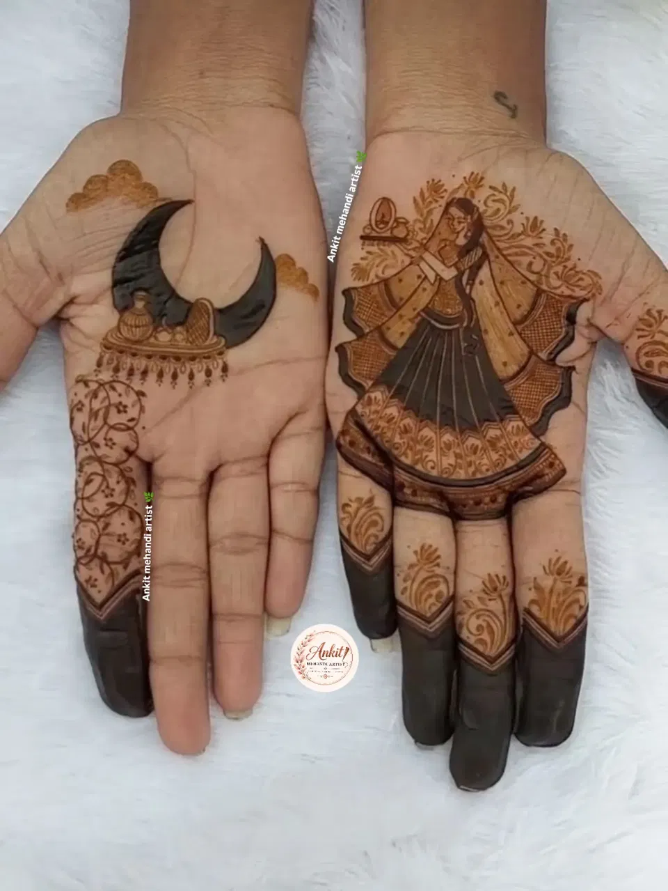 Back Hand Mehndi Design with Gol Tikki, Figures and Moon for Karwa Chauth